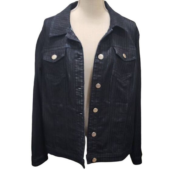 Christopher & Banks Women's Black/ Blue Striped Button Front Denim Jacket Large - Picture 1 of 13